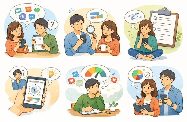 SNSの使い方を振り返って考えるイメージイラスト